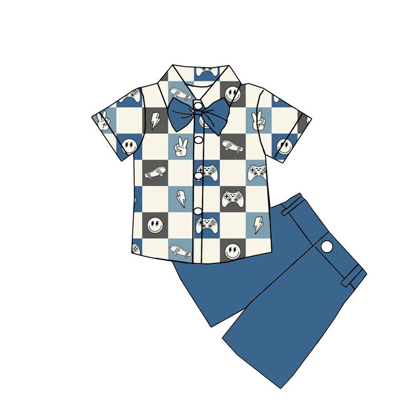 Newly arrived milk silk fabric lapel shirt Short sleeve Summer baby boys custom printed short sleeve shorts set