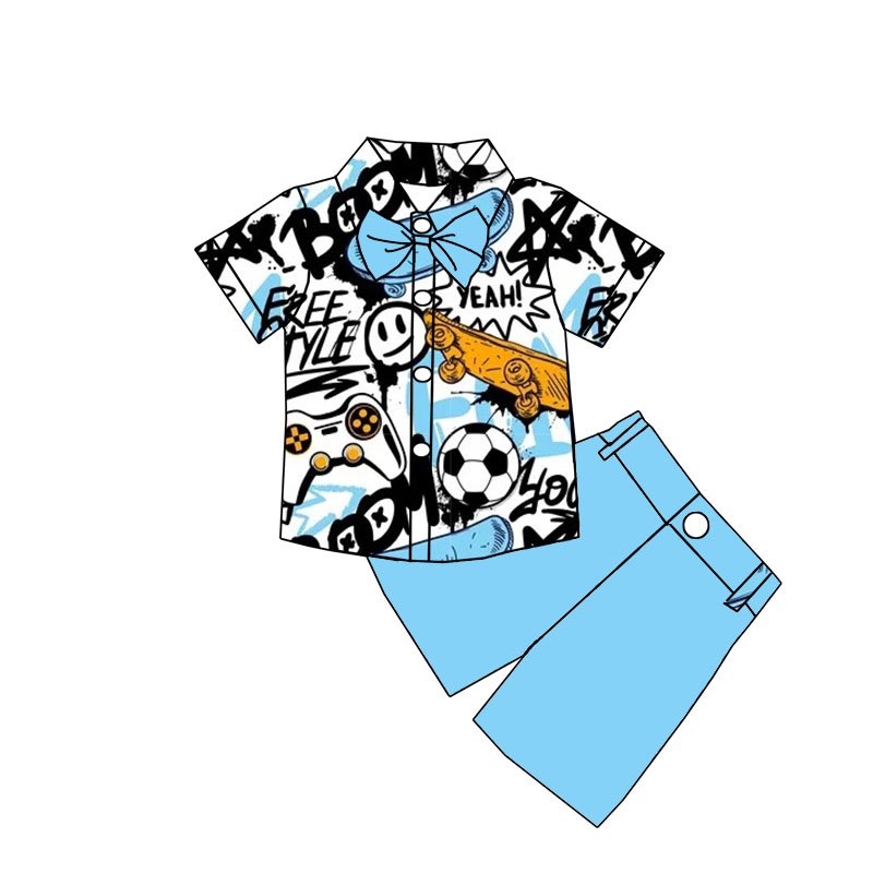Newly arrived milk silk fabric lapel shirt Short sleeve Summer baby boys custom printed short sleeve shorts set