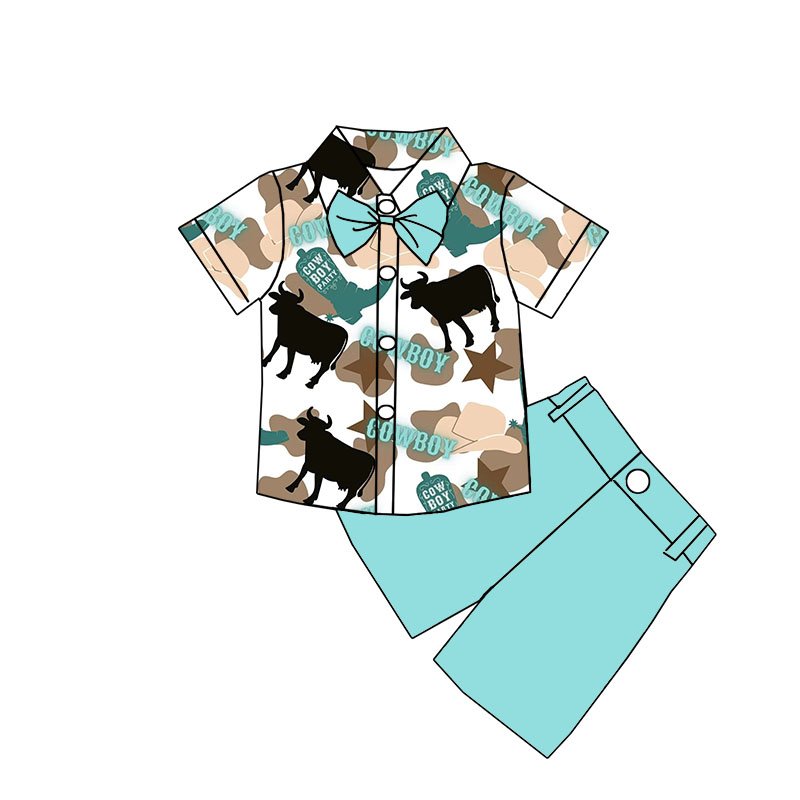 Newly arrived milk silk fabric lapel shirt Short sleeve Summer baby boys custom printed short sleeve shorts set