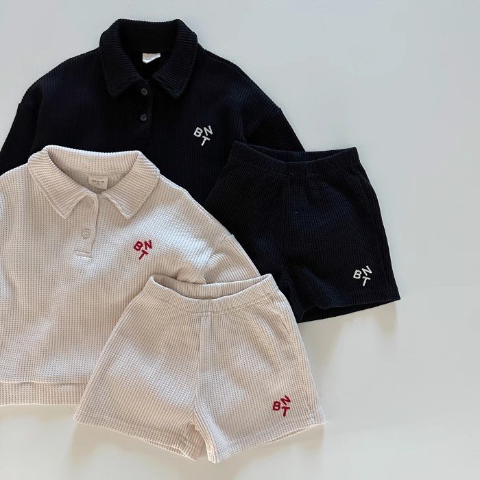 Children's Set Spring Korean Version Children's Clothing Baby Waffle Shirt Set Boys and Girls Autumn Long Sleeve Two piece Set