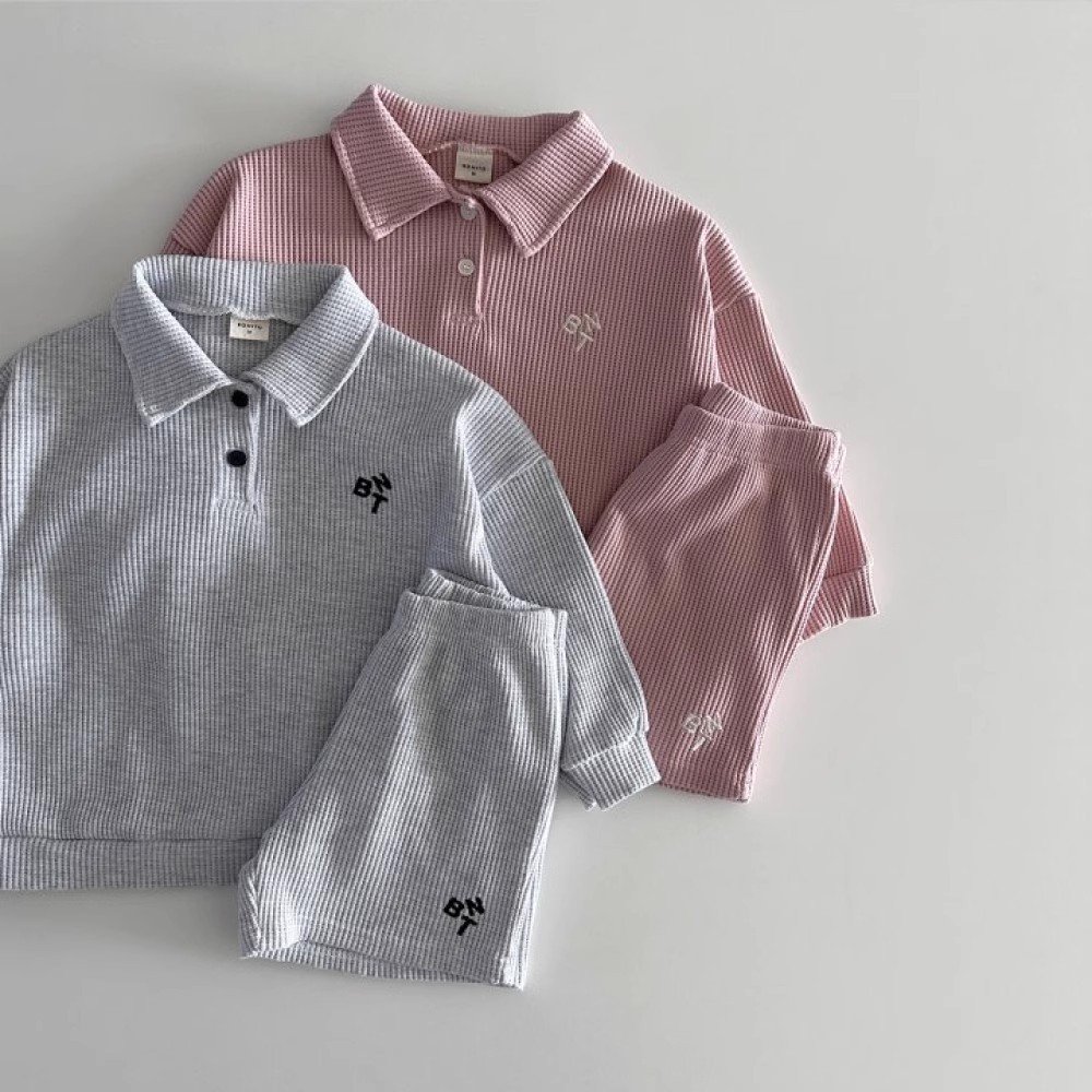 Children's Set Spring Korean Version Children's Clothing Baby Waffle Shirt Set Boys and Girls Autumn Long Sleeve Two piece Set