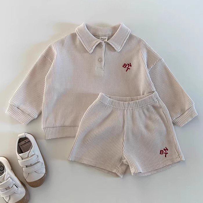 Children's Set Spring Korean Version Children's Clothing Baby Waffle Shirt Set Boys and Girls Autumn Long Sleeve Two piece Set