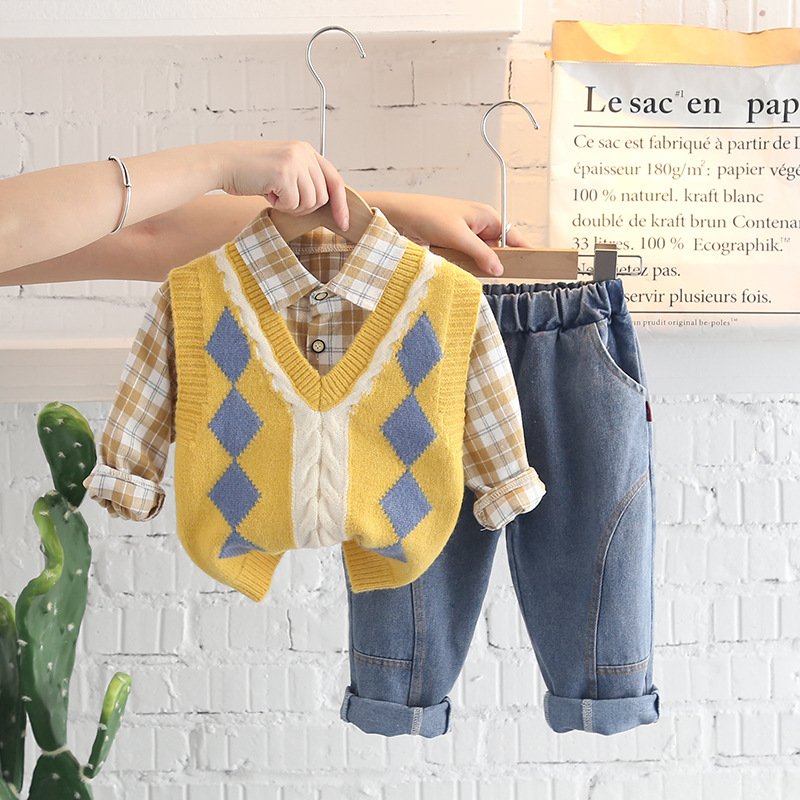 Children Clothes Set Baby Boutique Long Sleeve bowtie shirt coat pants Plaid Top cotton hoodie 3 Pieces Clothes casual Suit Set