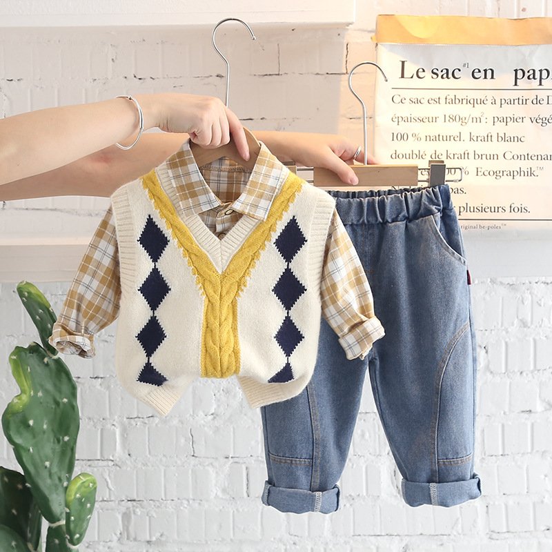 Children Clothes Set Baby Boutique Long Sleeve bowtie shirt coat pants Plaid Top cotton hoodie 3 Pieces Clothes casual Suit Set