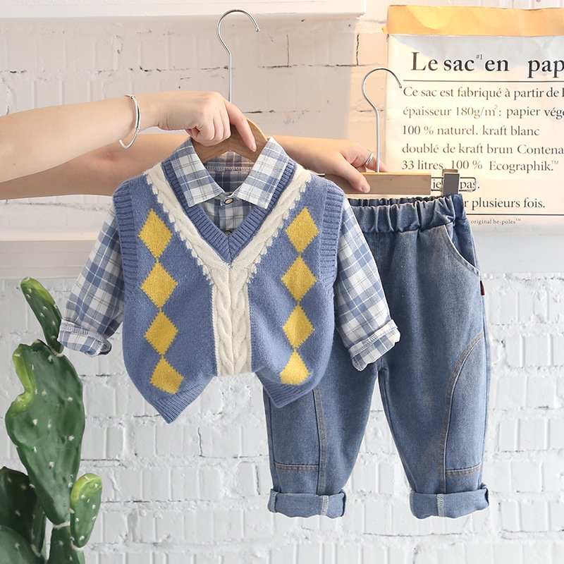 Children Clothes Set Baby Boutique Long Sleeve bowtie shirt coat pants Plaid Top cotton hoodie 3 Pieces Clothes casual Suit Set