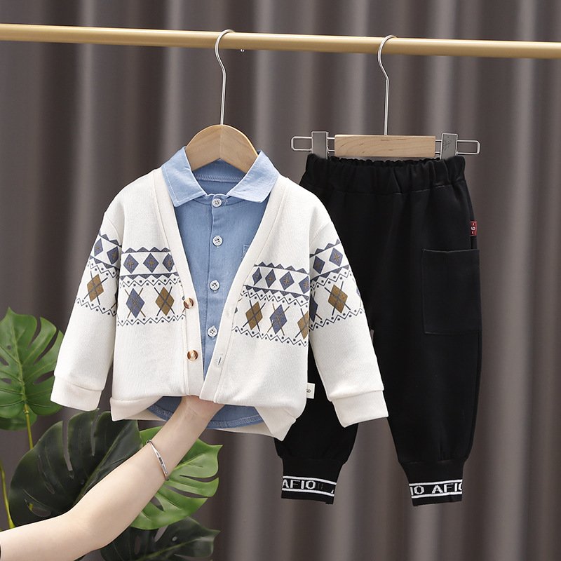 Children Clothes Set Baby Boutique Long Sleeve bowtie shirt coat pants Plaid Top cotton hoodie 3 Pieces Clothes casual Suit Set