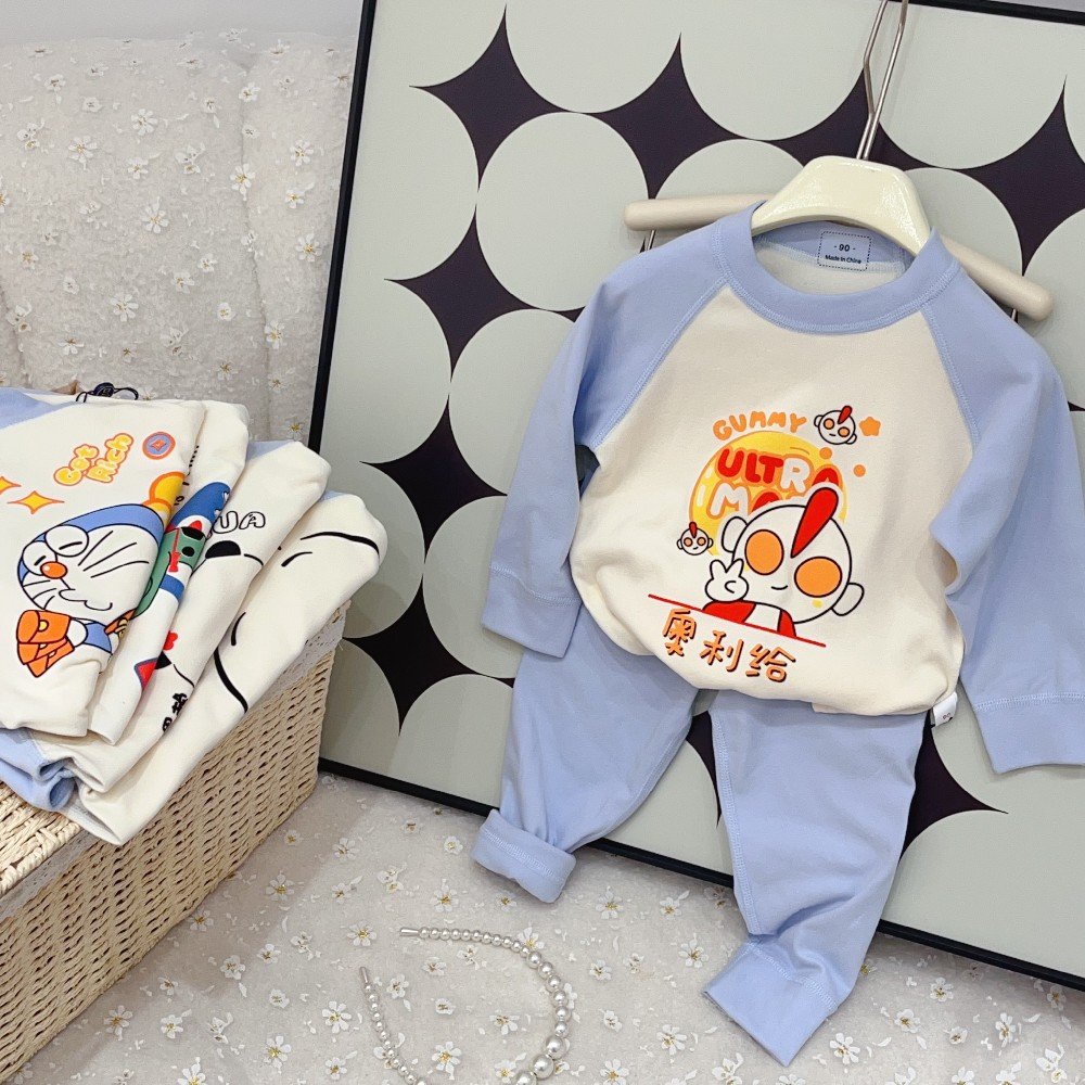 Blue Two-Piece Kids Pajamas Set Cute Casual Homewear for Boys and Girls with Printed Pattern