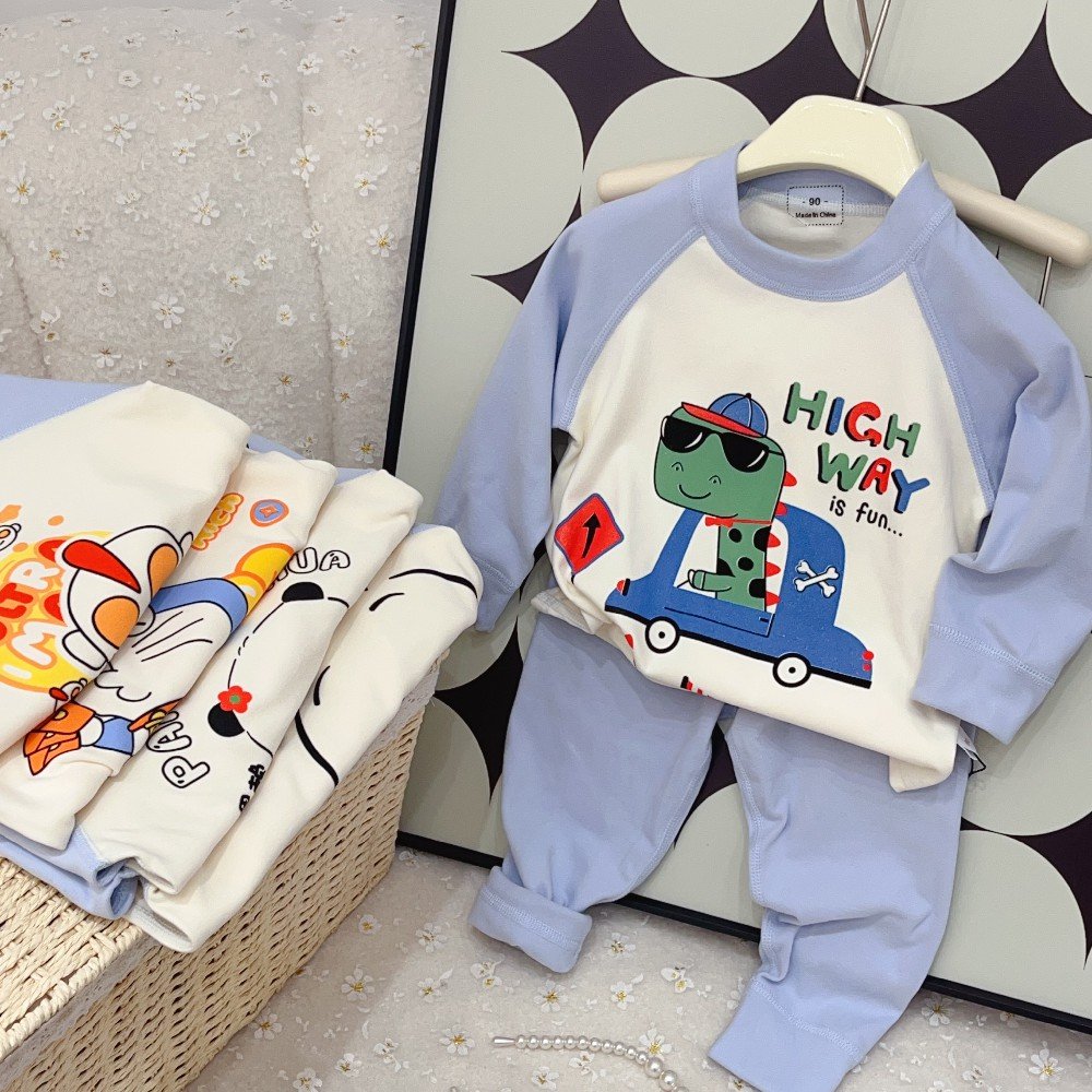 Blue Two-Piece Kids Pajamas Set Cute Casual Homewear for Boys and Girls with Printed Pattern