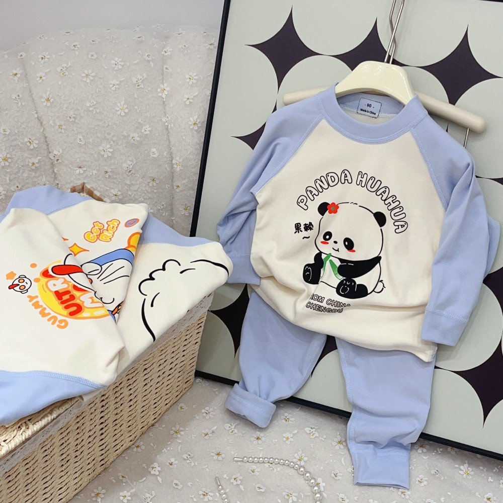 Blue Two-Piece Kids Pajamas Set Cute Casual Homewear for Boys and Girls with Printed Pattern