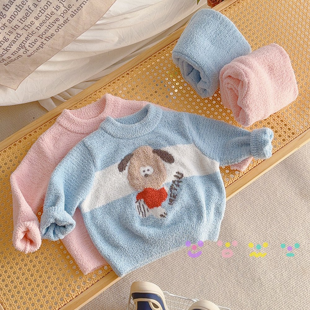 Purorigin Cute Cartoon Casual Warm Winter Round Neck Home Clothing Set Thick Flannel Kids Pajamas 2 PCS Set Baby Sleepwear Suit