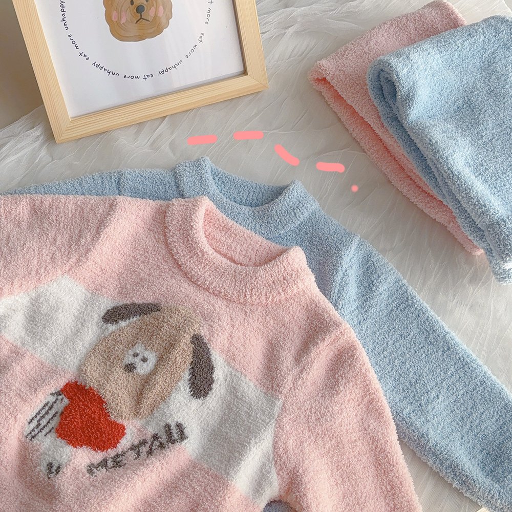 Purorigin Cute Cartoon Casual Warm Winter Round Neck Home Clothing Set Thick Flannel Kids Pajamas 2 PCS Set Baby Sleepwear Suit