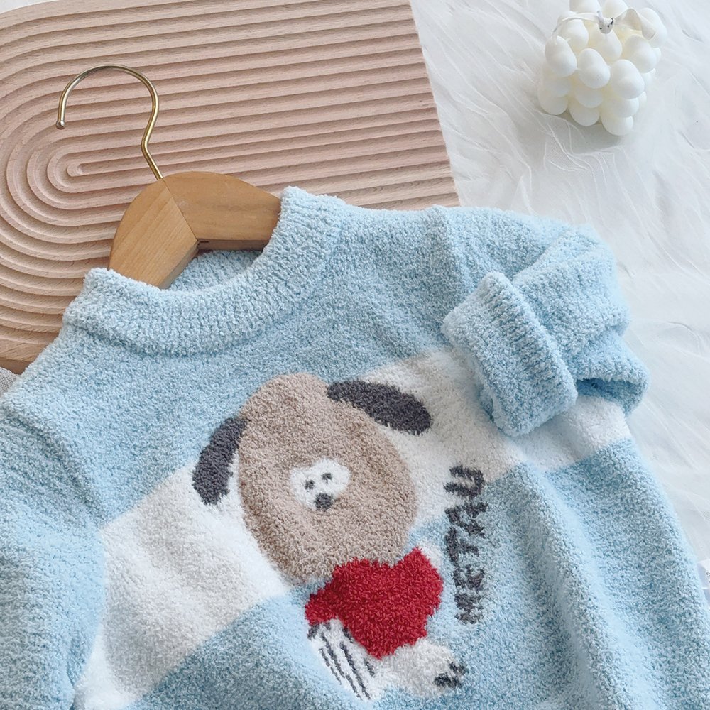 Purorigin Cute Cartoon Casual Warm Winter Round Neck Home Clothing Set Thick Flannel Kids Pajamas 2 PCS Set Baby Sleepwear Suit