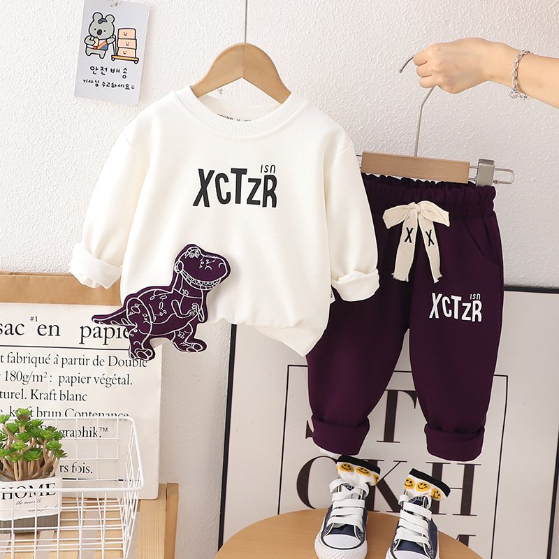 Boys' Spring and Autumn Sweater Set New Children's Labeled Dinosaur Sweater Long Sleeve Set