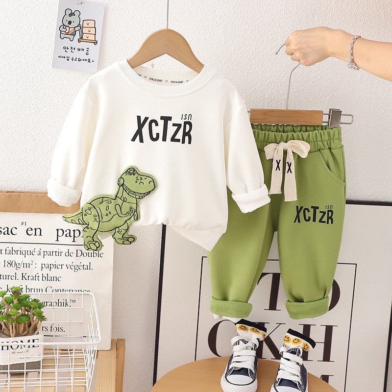 Boys' Spring and Autumn Sweater Set New Children's Labeled Dinosaur Sweater Long Sleeve Set
