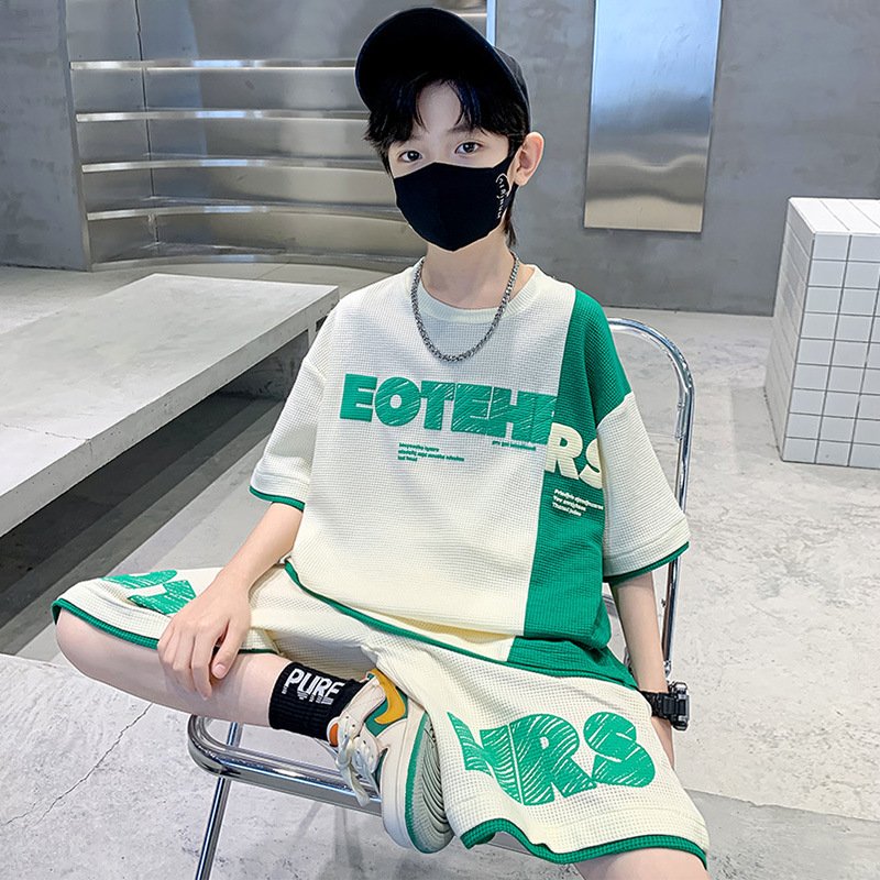 2024 New Boys' Summer Clothing Foreign Style Waffle Stitching Cotton Casual Print ODM Supply Short Sleeve Length
