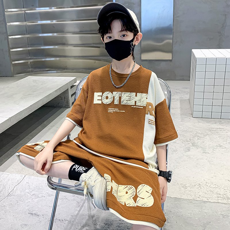 2024 New Boys' Summer Clothing Foreign Style Waffle Stitching Cotton Casual Print ODM Supply Short Sleeve Length