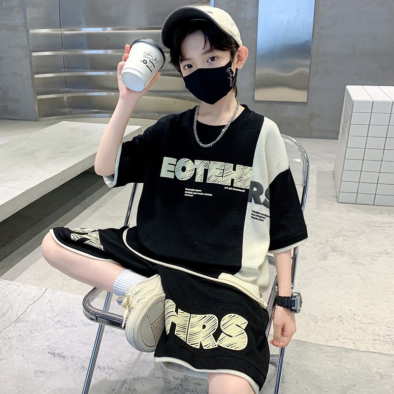 2024 New Boys' Summer Clothing Foreign Style Waffle Stitching Cotton Casual Print ODM Supply Short Sleeve Length