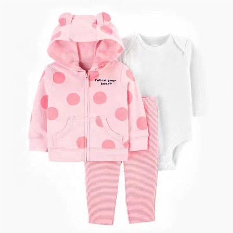 Factory price newborn cotton pink girl color hooded jacket long sleeve romper pants 3 pieces new baby boy clothes set