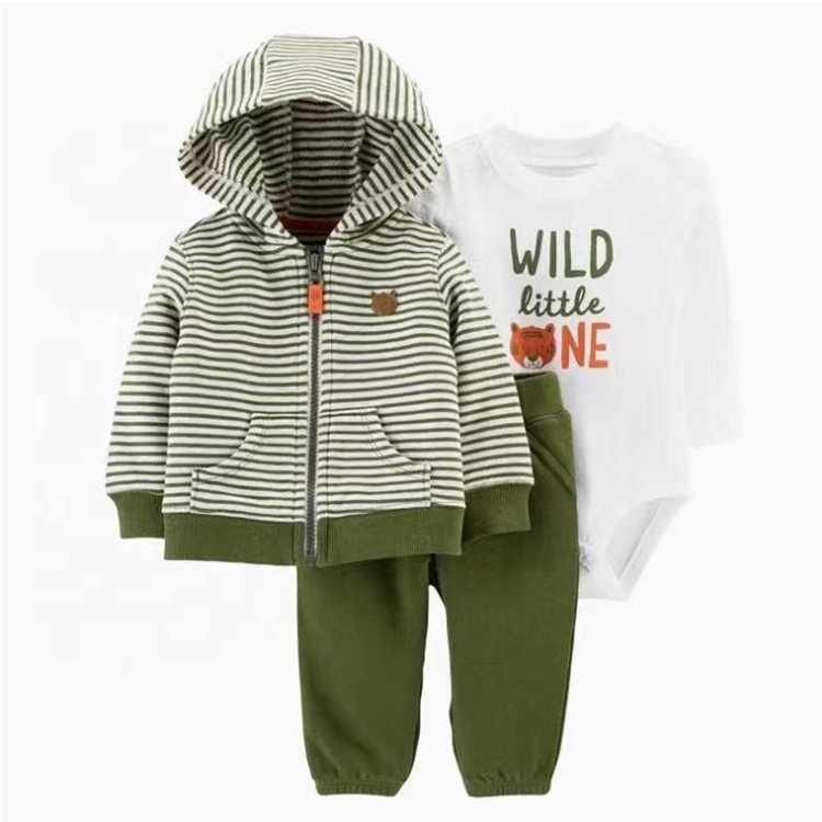 Factory price newborn cotton pink girl color hooded jacket long sleeve romper pants 3 pieces new baby boy clothes set