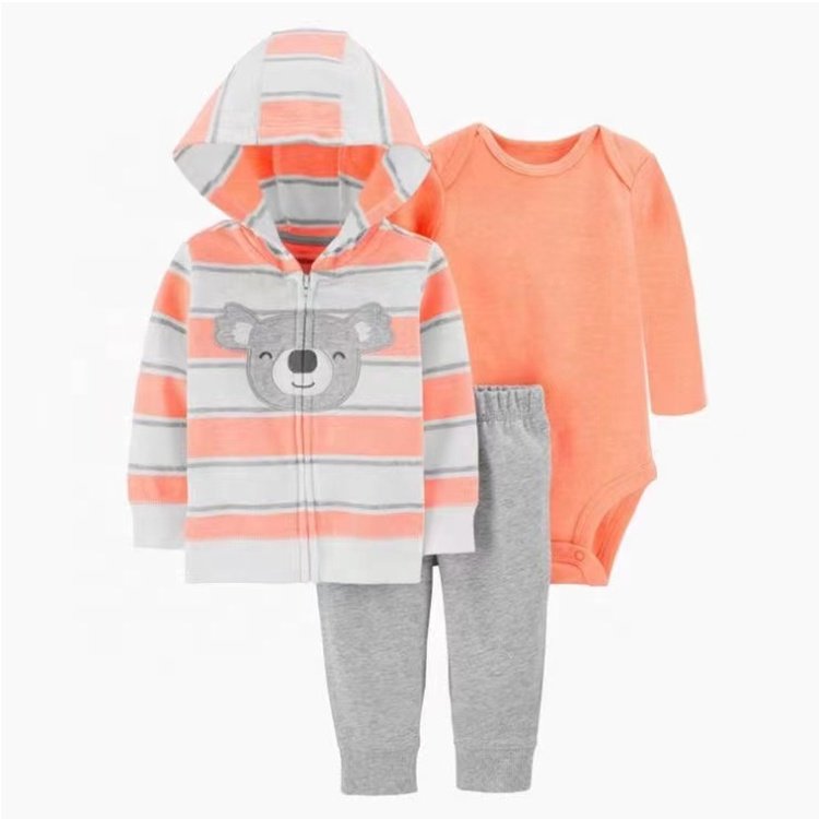 Factory price newborn cotton pink girl color hooded jacket long sleeve romper pants 3 pieces new baby boy clothes set