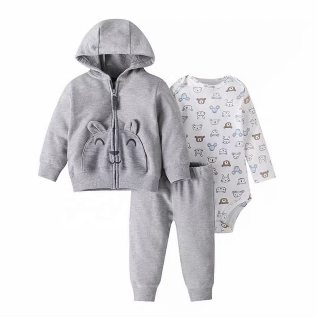 Factory price newborn cotton pink girl color hooded jacket long sleeve romper pants 3 pieces new baby boy clothes set