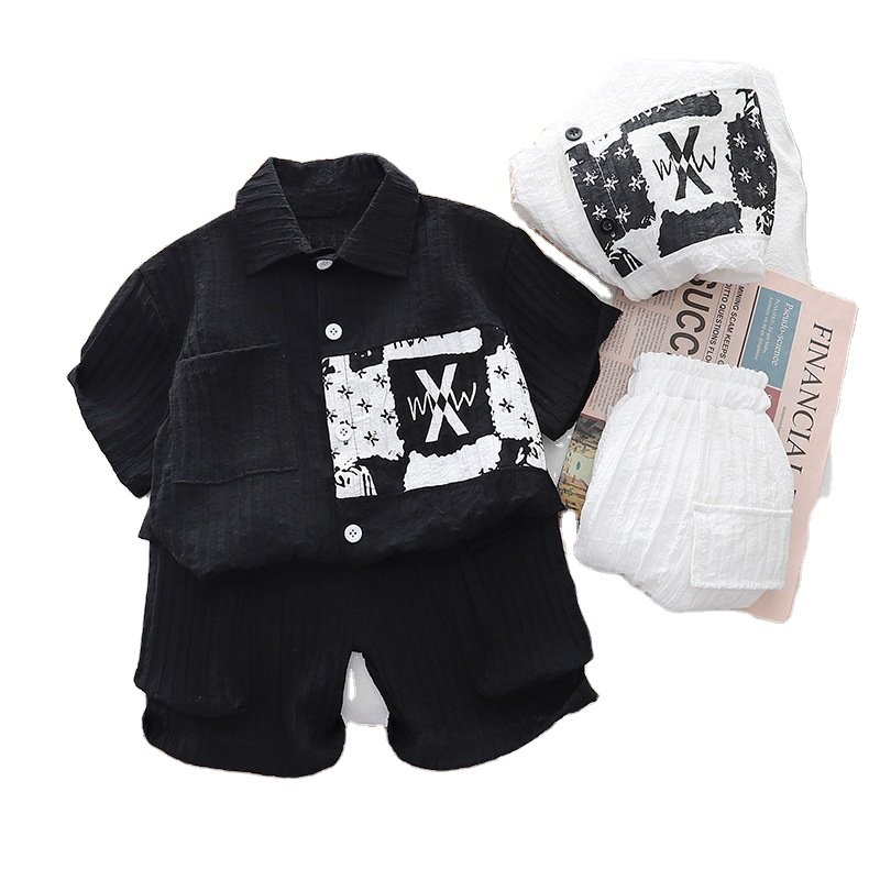 Children's clothing kids black and white letter short-sleeved suit 2024 new style boys' summer clothes trendy baby two-piece set