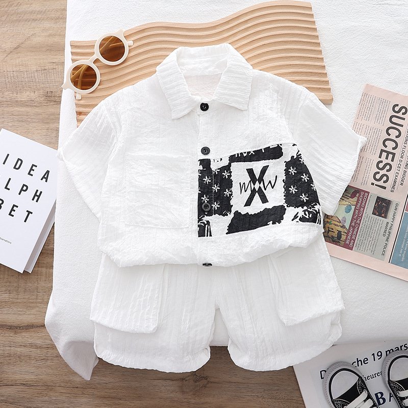 Children's clothing kids black and white letter short-sleeved suit 2024 new style boys' summer clothes trendy baby two-piece set