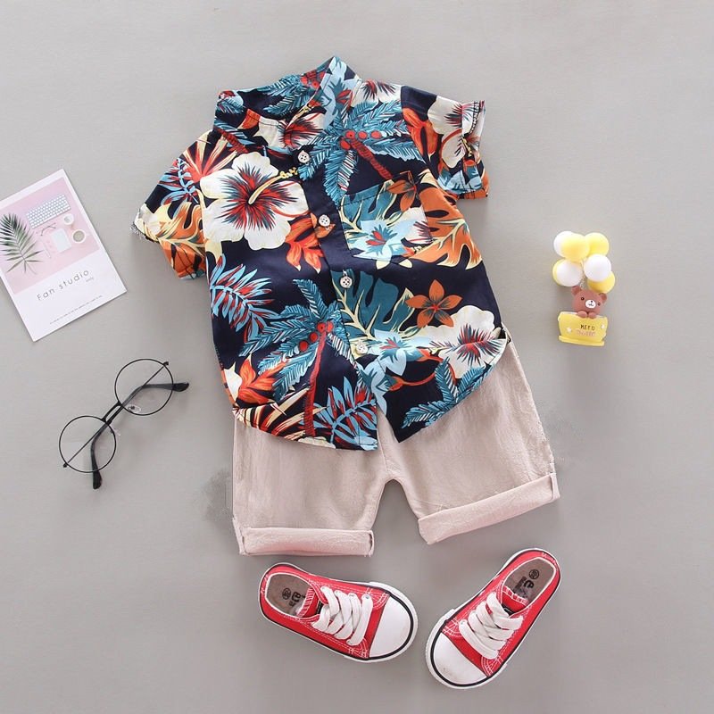 2024 Wholesale Summer custom beach Shirt Boys T-shirt Shorts Kids Set Loose Free Hawaiian kids Shirt