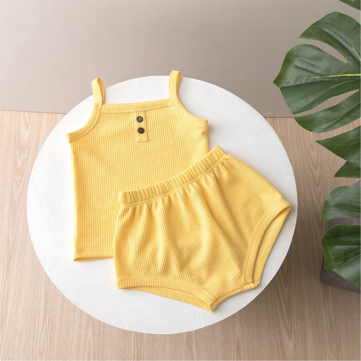 Summer Casual Waffle Suspenders Vest Top Triangle Shorts Toddler Kids Suit Solid Color Cotton Baby Girl Clothing Set