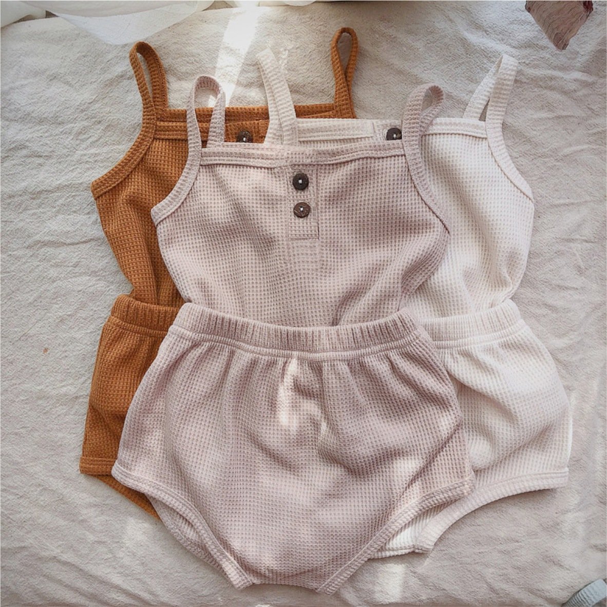 Summer Casual Waffle Suspenders Vest Top Triangle Shorts Toddler Kids Suit Solid Color Cotton Baby Girl Clothing Set