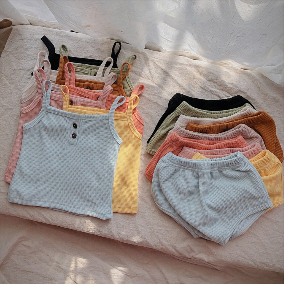 Summer Casual Waffle Suspenders Vest Top Triangle Shorts Toddler Kids Suit Solid Color Cotton Baby Girl Clothing Set