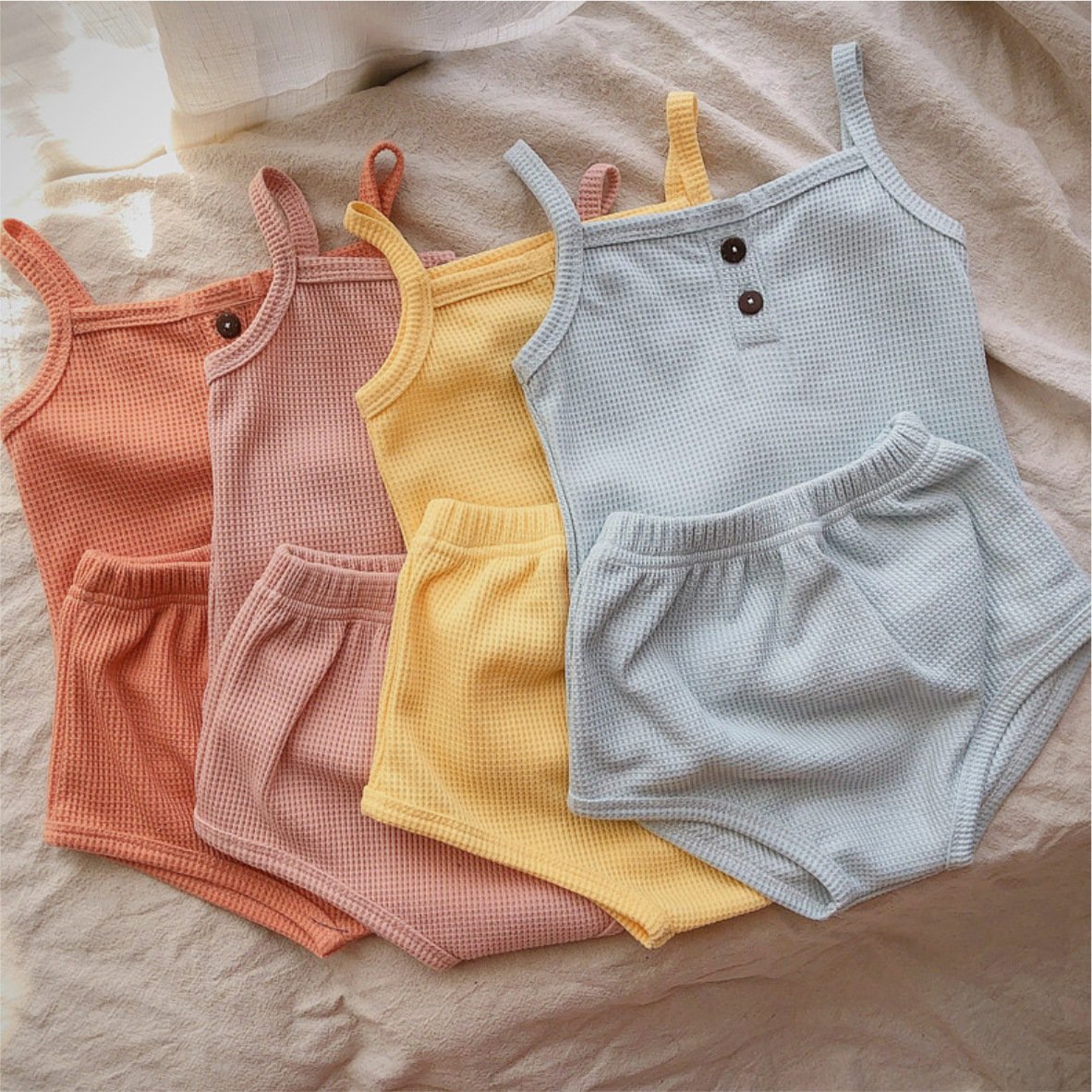 Summer Casual Waffle Suspenders Vest Top Triangle Shorts Toddler Kids Suit Solid Color Cotton Baby Girl Clothing Set