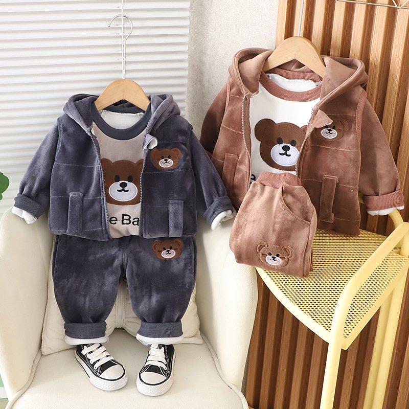 2024 Winter Toddler Boy And Girl Clothes Cartoon Hoodies Pants Waistcoat Thick 3Pcs Tracksuits Kids Boutique Clothes Set