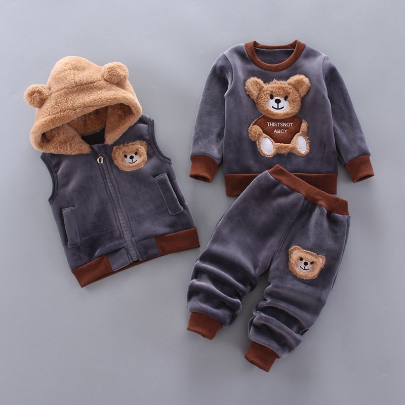 2024 Winter Toddler Boy And Girl Clothes Cartoon Hoodies Pants Waistcoat Thick 3Pcs Tracksuits Kids Boutique Clothes Set