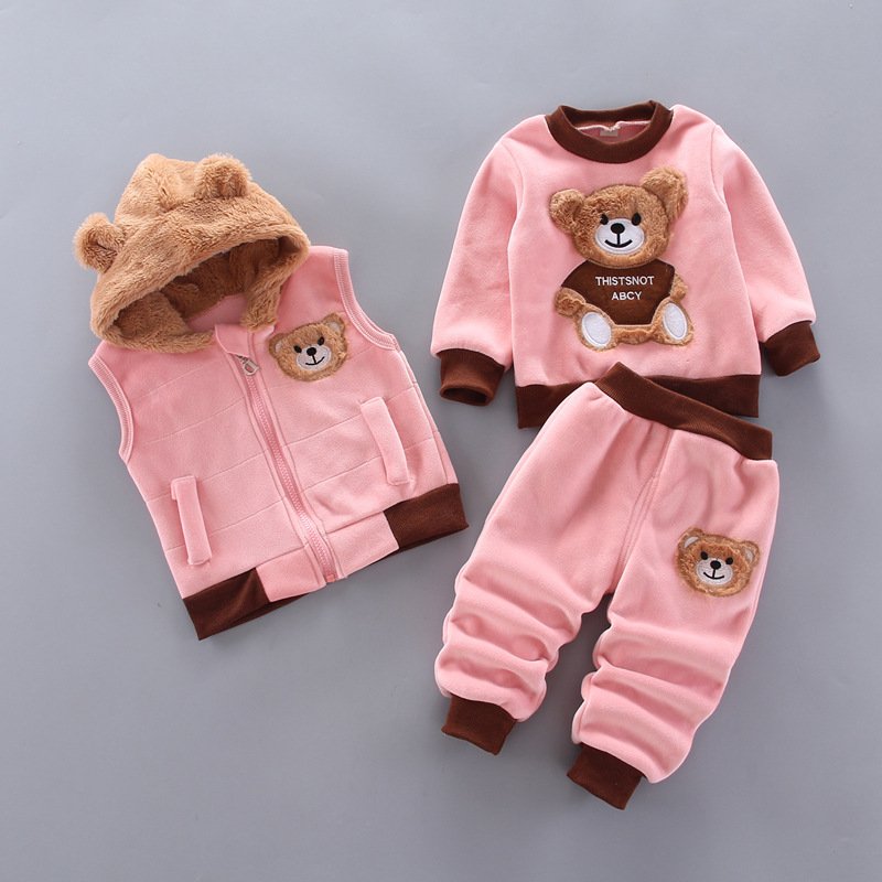2024 Winter Toddler Boy And Girl Clothes Cartoon Hoodies Pants Waistcoat Thick 3Pcs Tracksuits Kids Boutique Clothes Set