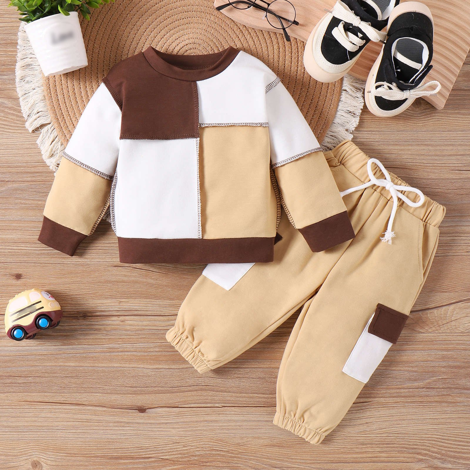 kids clothing autumn winter children' patchwork color matching long sleeved sweater pants sports two-piece set girl's clothing