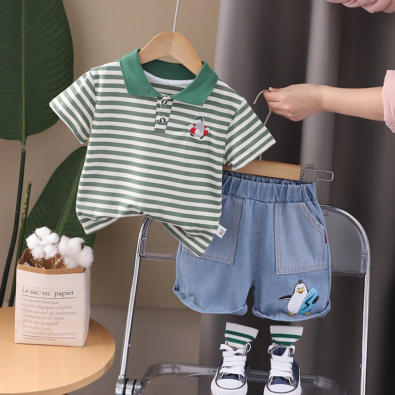 Casual Two-Piece Set for Kids Boys Summer Dress with Short Sleeves Fashion Stripes Print Trendy Small Children's Wear for Baby