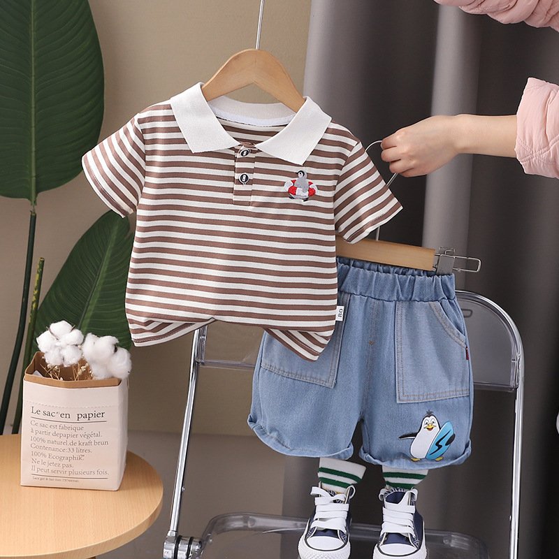 Casual Two-Piece Set for Kids Boys Summer Dress with Short Sleeves Fashion Stripes Print Trendy Small Children's Wear for Baby