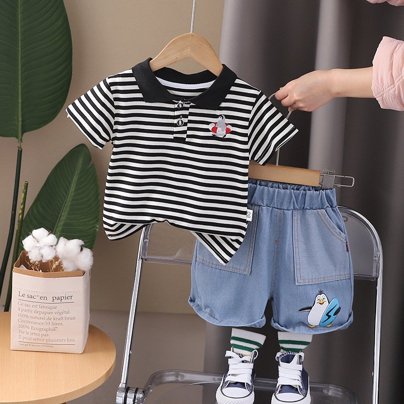 Casual Two-Piece Set for Kids Boys Summer Dress with Short Sleeves Fashion Stripes Print Trendy Small Children's Wear for Baby