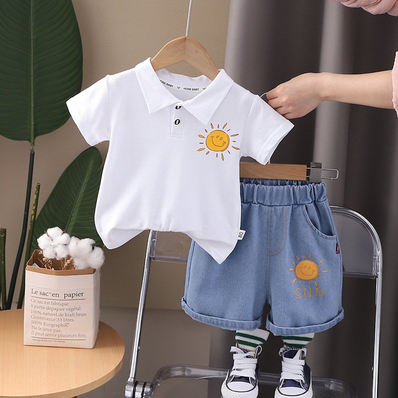 Casual Two-Piece Set for Kids Boys Summer Dress with Short Sleeves Fashion Stripes Print Trendy Small Children's Wear for Baby