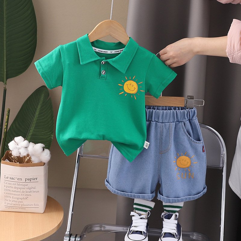 Casual Two-Piece Set for Kids Boys Summer Dress with Short Sleeves Fashion Stripes Print Trendy Small Children's Wear for Baby