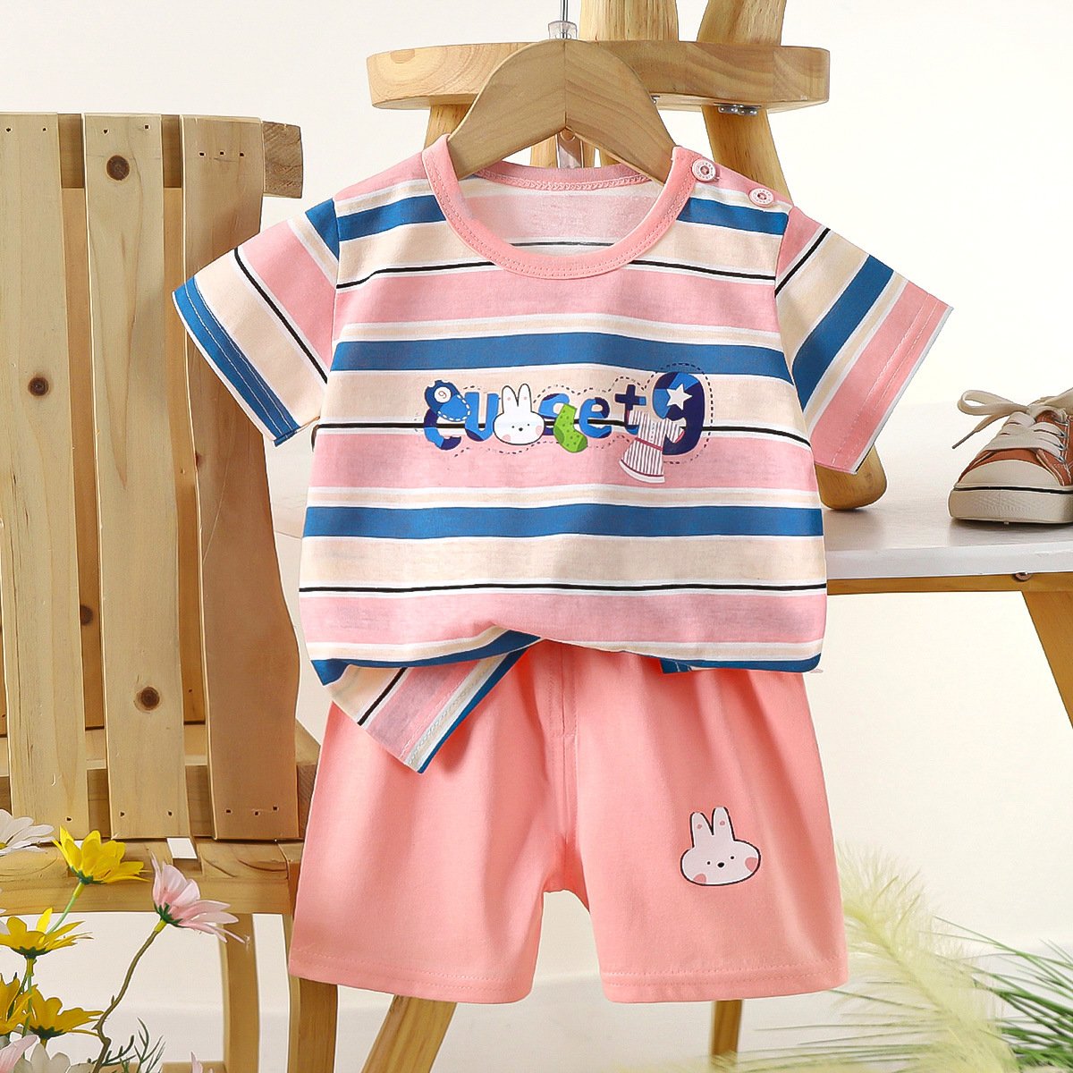 High Quality Baby Casual Clothes Sets Baby Outfits Summer Shoulder Button Baby Clothes Suits T-shirt 2pcs Sets