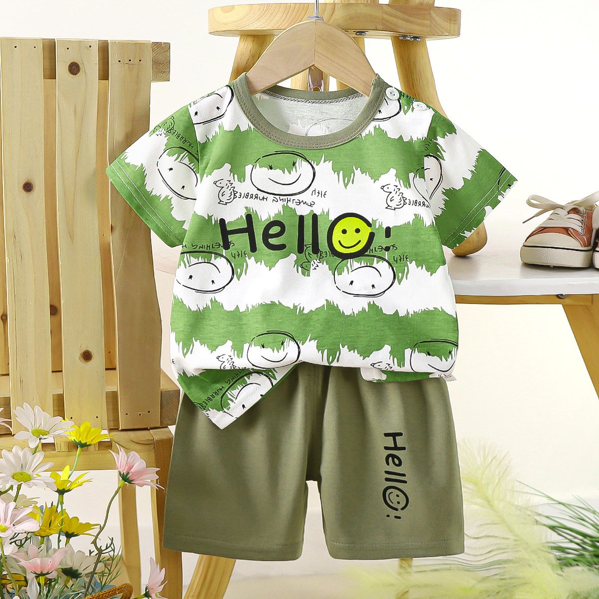 High Quality Baby Casual Clothes Sets Baby Outfits Summer Shoulder Button Baby Clothes Suits T-shirt 2pcs Sets