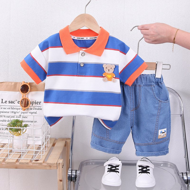 Children's clothes boys summer clothes suit little children boys wide strip embroidered bear short sleeve men's baby summer baby
