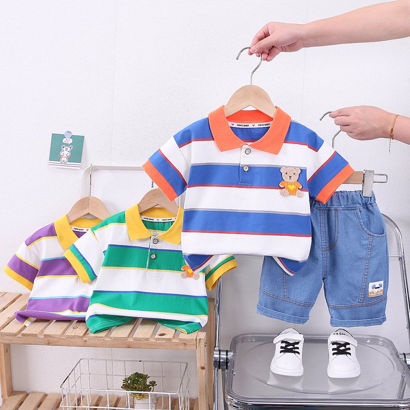 Children's clothes boys summer clothes suit little children boys wide strip embroidered bear short sleeve men's baby summer baby