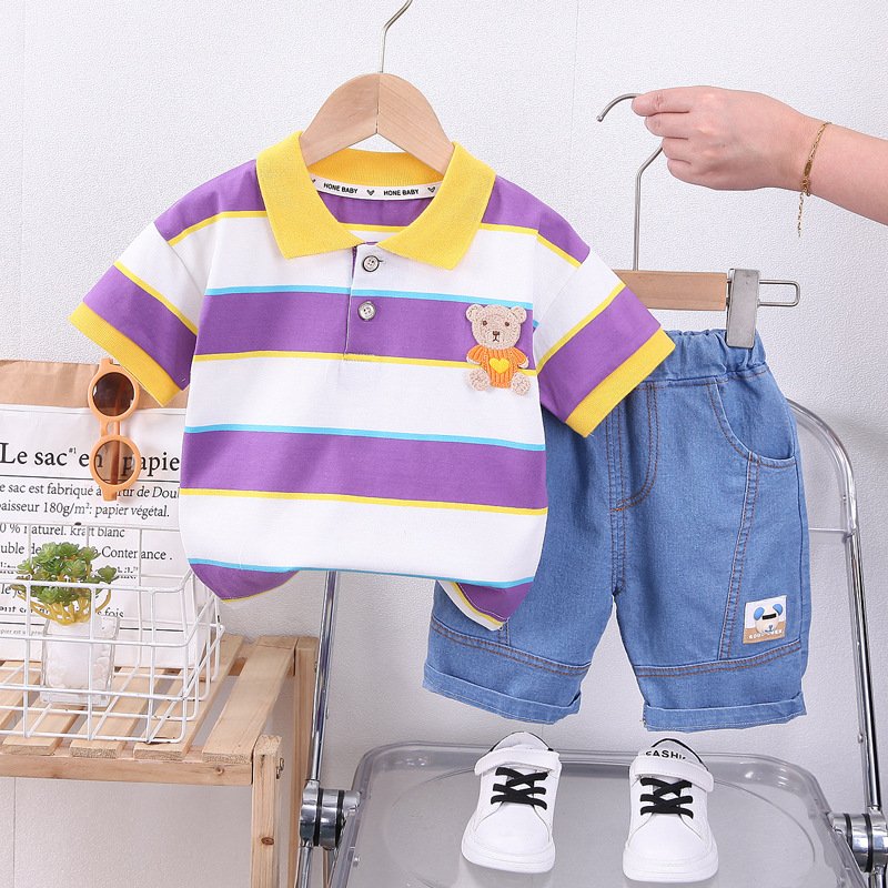 Children's clothes boys summer clothes suit little children boys wide strip embroidered bear short sleeve men's baby summer baby