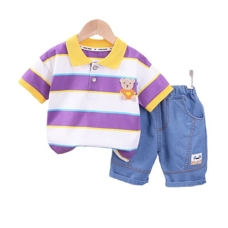 Children's clothes boys summer clothes suit little children boys wide strip embroidered bear short sleeve men's baby summer baby