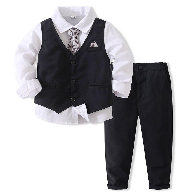 Baby Boy Wedding Clothes sets Outfit Formal Suit Kids Set Children's polyester Gentleman Birthday Long Sleeve Solid Tie suits