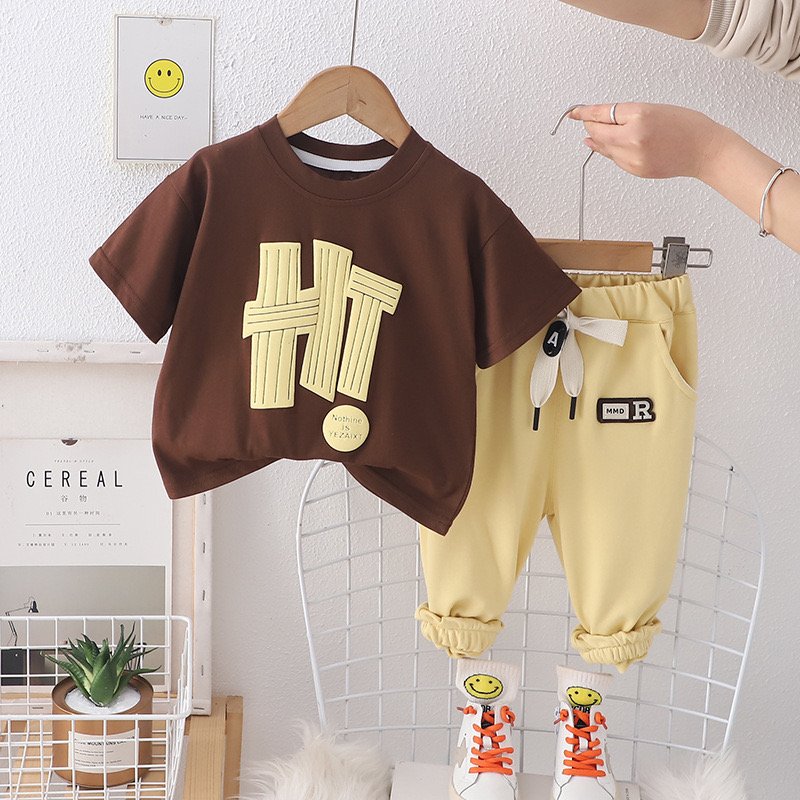 Summer Hot Selling Comfortable Cotton Round Neck Letter Printed Lace up solid color long pants Casual Boys set for Wholesale