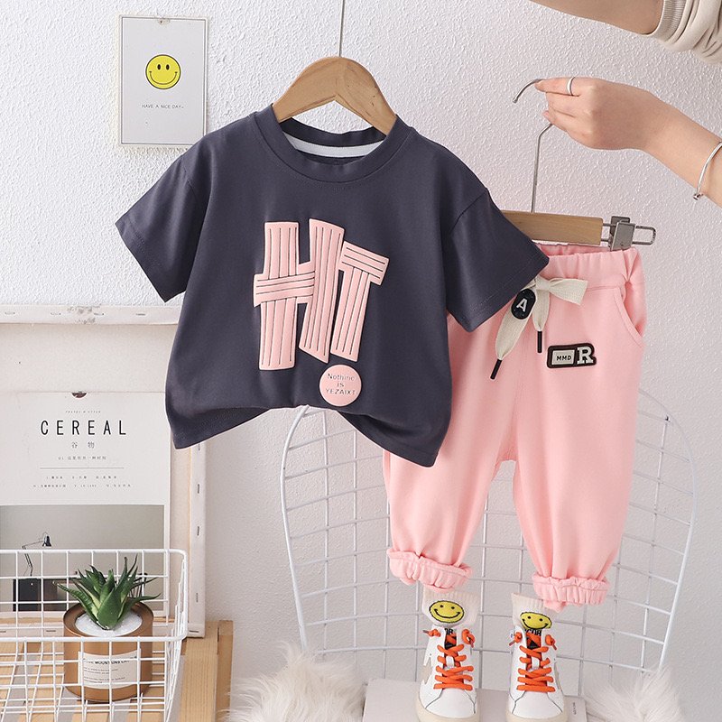 Summer Hot Selling Comfortable Cotton Round Neck Letter Printed Lace up solid color long pants Casual Boys set for Wholesale